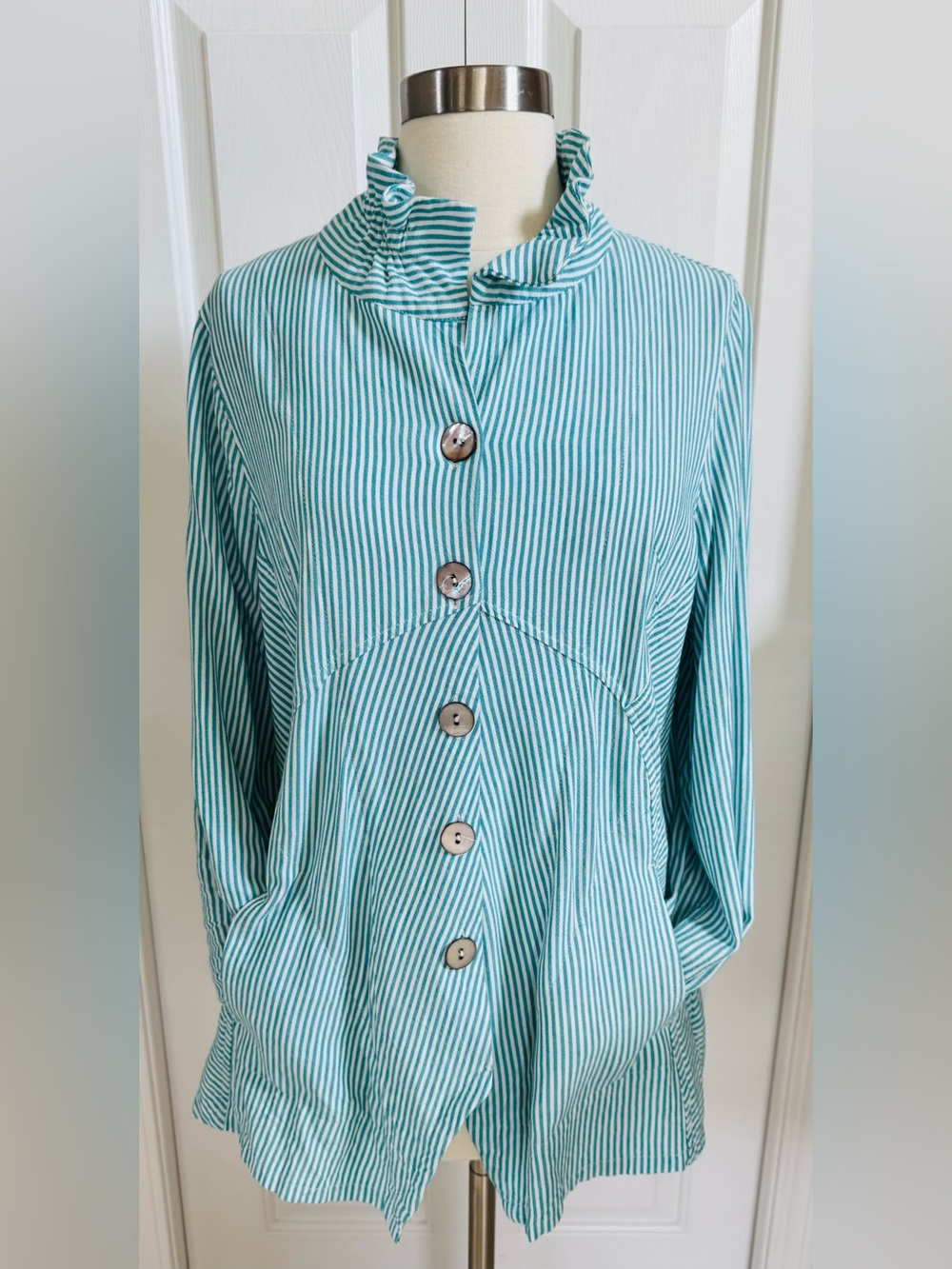 Soft Surroundings Teal and White Striped Button-Front Top M
